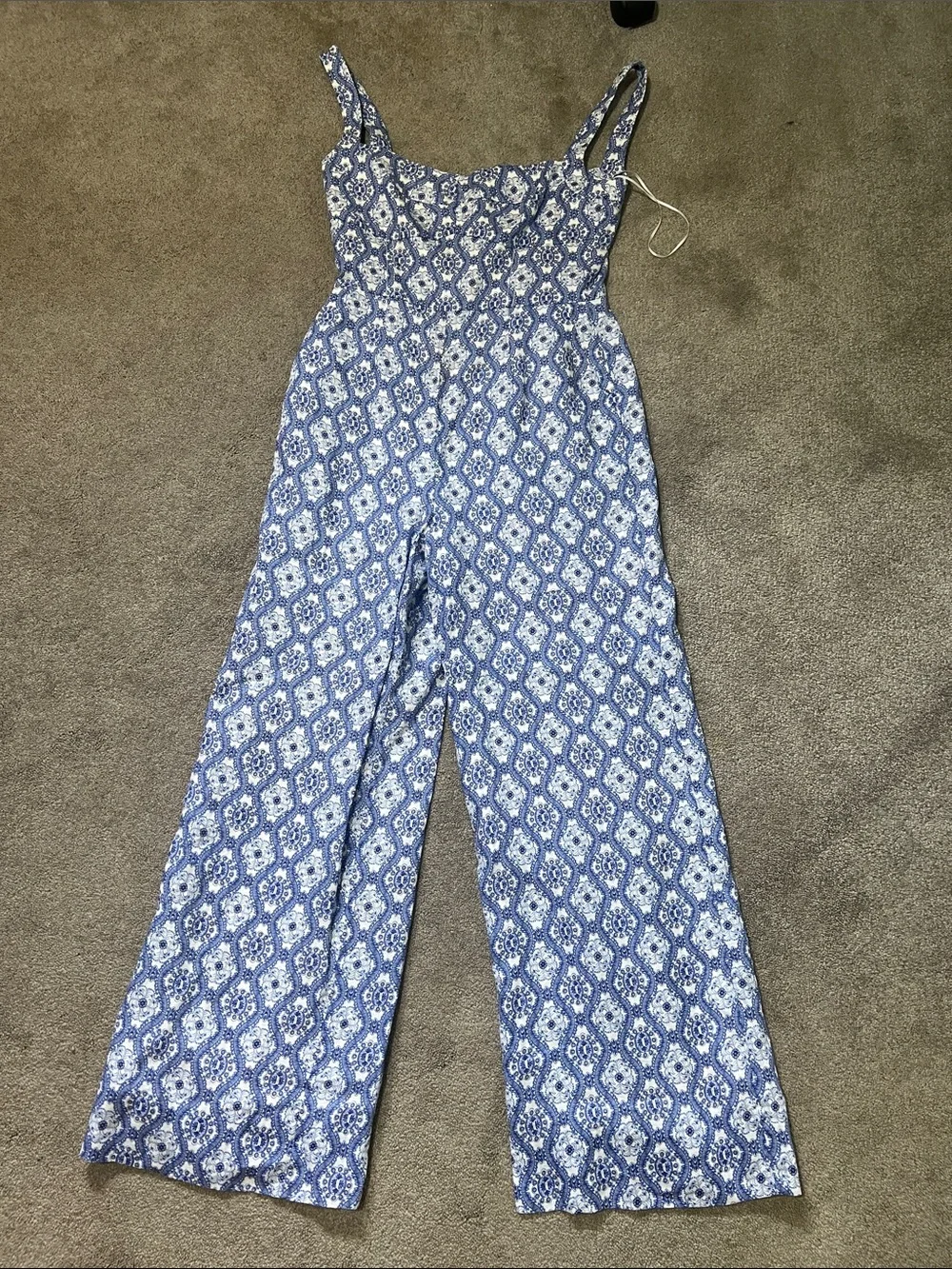 Saloni Rachel Jumpsuit Blue White Floral Lace Print Linen Size 6 Wide Leg‎ Chic